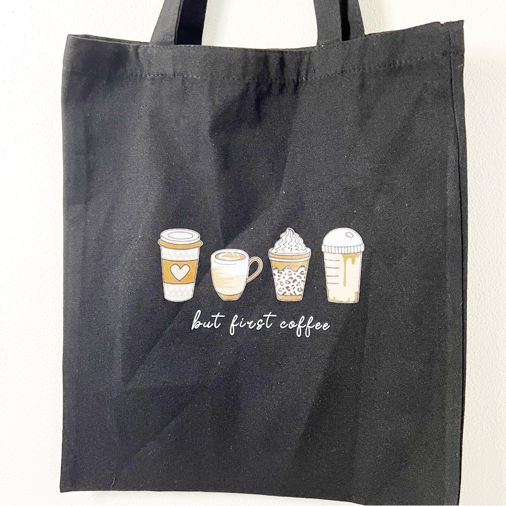 Coffee Lovers Black Canvas Tote with Graphic for Women Gift Sturdy Cotton